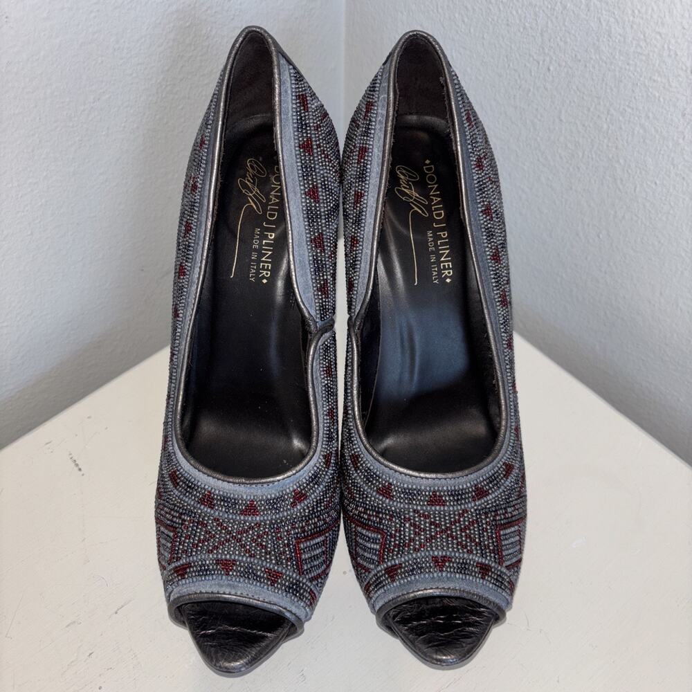 Donald J Pliner CeCi Pewter Beaded Peep Toe Heel Pump Platform